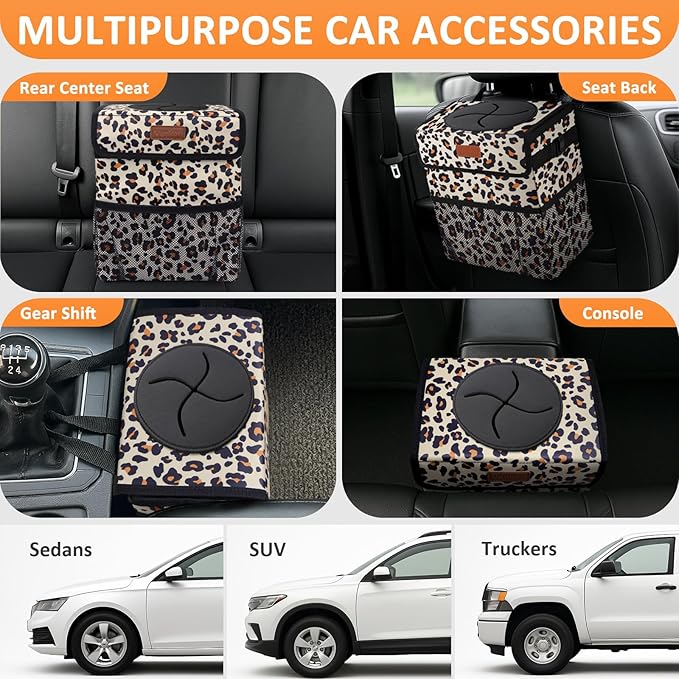 Vankor 3 Gallons Cute Car Trash Can, Car Accessories for Interior Leak Proof Can Trash Bag Hanging Waterproof Automotive Vehicle Garbage Cans Leopard Print Pattern
