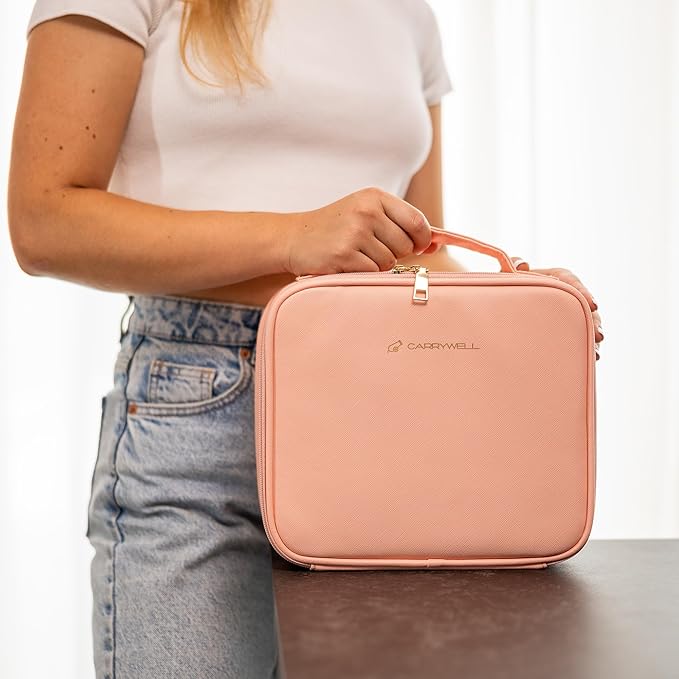 Makeup Bag Travel Case, Not-Made In China, Hard Train Case for Cosmetics, Portable Beauty Artists Organizer, Cosmetic Storage Box With Adjustable Dividers For Make Up and Brushes, Small Pink