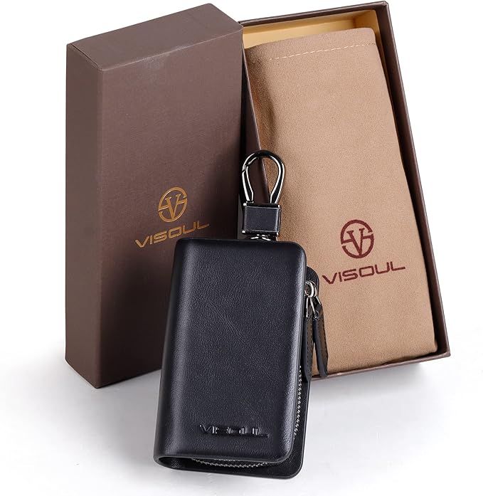 VISOUL Car Key Case Holder Double Zipper, Leather Car Smart Key Fob Case with Keychain for Men and Women
