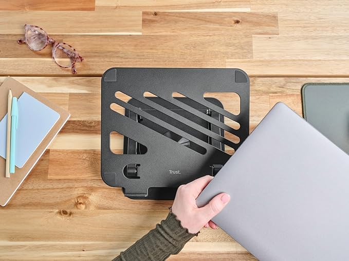 Trust Zeff Ergonomic Laptop Stand for Desk with 360 Degrees Rotation, 16" Foldable Metal Laptop Riser, Height Adjustable, Laptop Holder for MacBook Tablet Dell HP Computer Home Office - Black