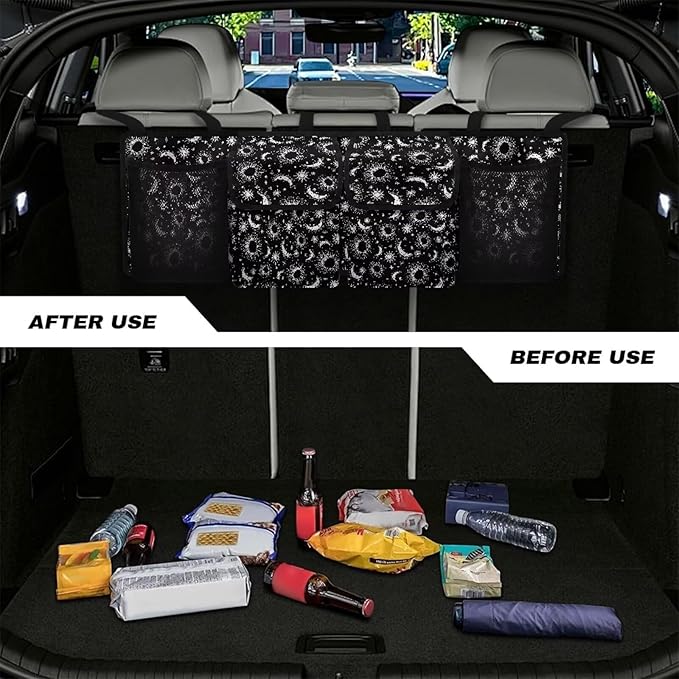 Moon Car Trunk Organizer,Oxford Backseat Storage Bag with 4 Pockets,Waterproof Adjustable Large Capacity Hanging Collapsible Bag for Most Vehicles,Universal Car Accessories
