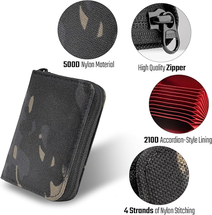 TACTICAL_GEEK PC1 EDC 11-slot Nylon Card Holder for Credit Cards, Lightweight Zippered Minimalist Wallet, Ideal for Work Travel, with Coin Pouch, Ultra-light and Waterproof (Camo Black)
