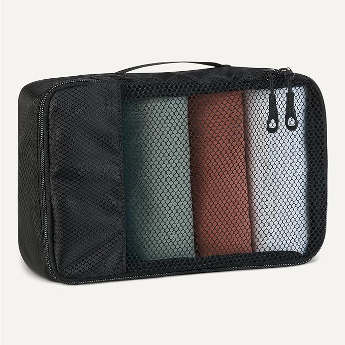 Amazon Essentials 4-Piece Space-Saving Packing Cubes Travel Accessories Set, Luggage Organizer with Double Zipper, Mesh Top, Small, Black (Previously Amazon Basics)
