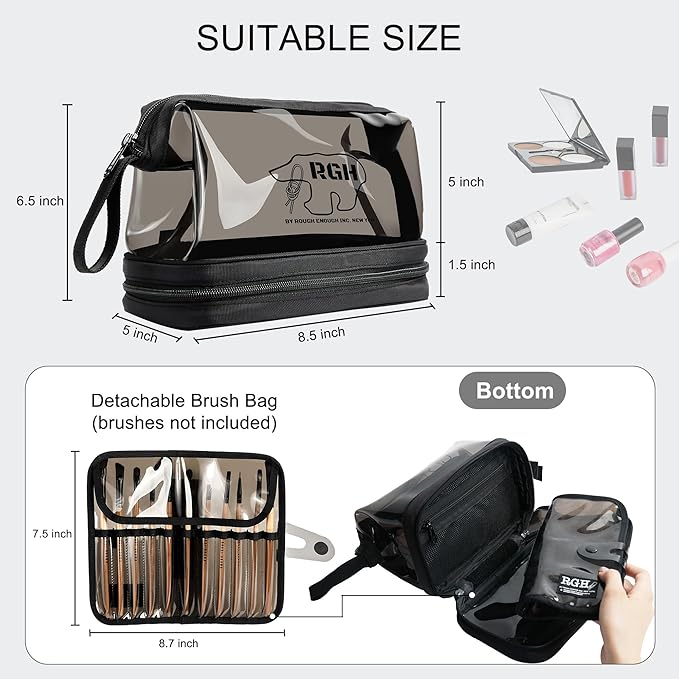 Rough Enough Clear Cosmetic Bag for Women and Men, Leakproof Travel Makeup Organizer, with Detachable Brush Pouch, Large Opening, 6.5”x5”x8.5”, Black