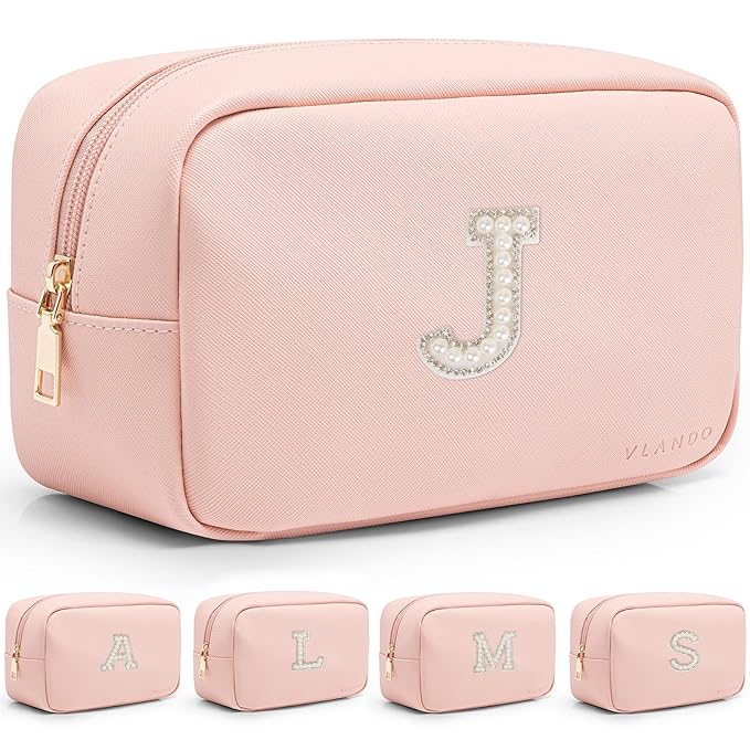 VLANDO Gifts for Girls Initial Makeup Bag Personalized Makeup Bag witt Pearl Cute Travel Toiletry Bag Preppy Makeup Pouch Birthday Gift for Teen Girls Women Daughter J