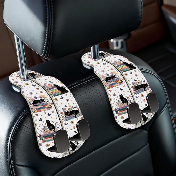 Blusabaca 2PCS Car Hooks for Purses Bags, Book Lover Bookish Black Cat Seat Back Storage Headrest Holder Hanger PU Leather Double Metal Backseat Organizer, Women Car Accessories Organization