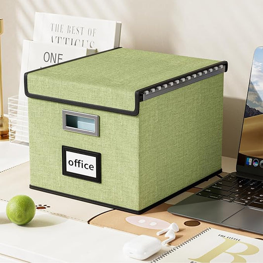 File Organizer Box with Lid, Collapsible File Folder Organizer for Office Document Storage, Filing Box with Plastic Slide for Letter Size Hanging File Folders(1 Pack, Green)