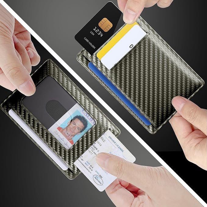 Travelambo Front Pocket Minimalist Leather Slim Wallet RFID Blocking Carbon Fiber Texture