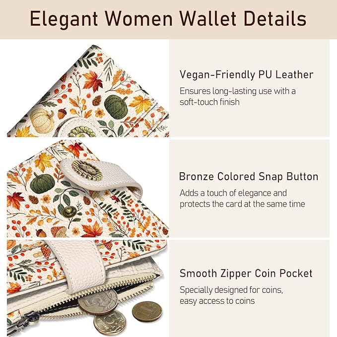 Kelvoris Pumpkin Fall Leaves Mushroom Halloween Small Rfid Women Travel Wallet Bifold Zipper Coin Pocket PU Leather Compact Cash Credit Card Holder Female Ladies Teen Girls 1 ID Window 10 Card Slots