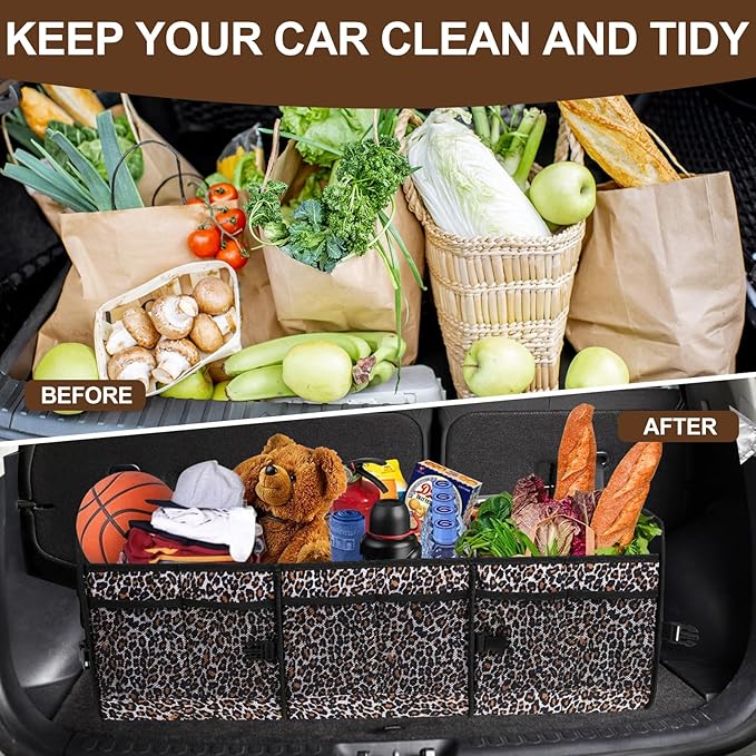 AOPHY Leopard Print Trunk Organizer - 95L Large Capacity, Non-Slip Bottom, Waterproof, Portable Car Storage for SUV, Truck, Sedan