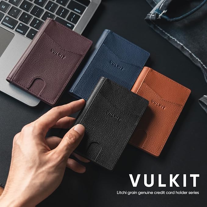 VULKIT Bifold Front Pocket Slim Wallet RFID Blocking Minimalist Thin Genuine Leather Credit Card Holder Wallet for Men and Women Litchi Black