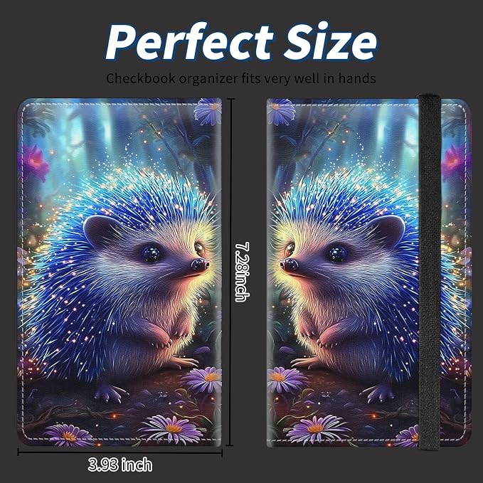 Check Book Cover for Personal Checkbook with Duplicate Checks for Women's & Men PU Leather Wallets Check Book Holder with Pen Card Slots Elastic Strap,Cute Hedgehog