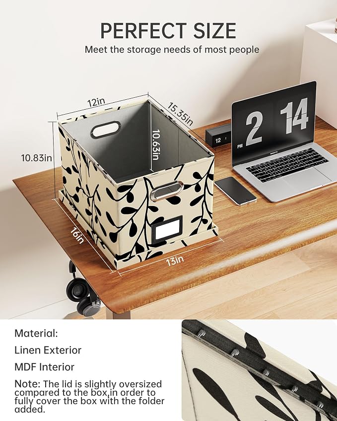 Oterri File Organizer with Lid, File Box, File Cabinet for Letter File Folder Storage, Hanging File Organizer for Office/Decor/Home,Document Organizer, 1 Pack,Leaf Black/Cream-Box Only