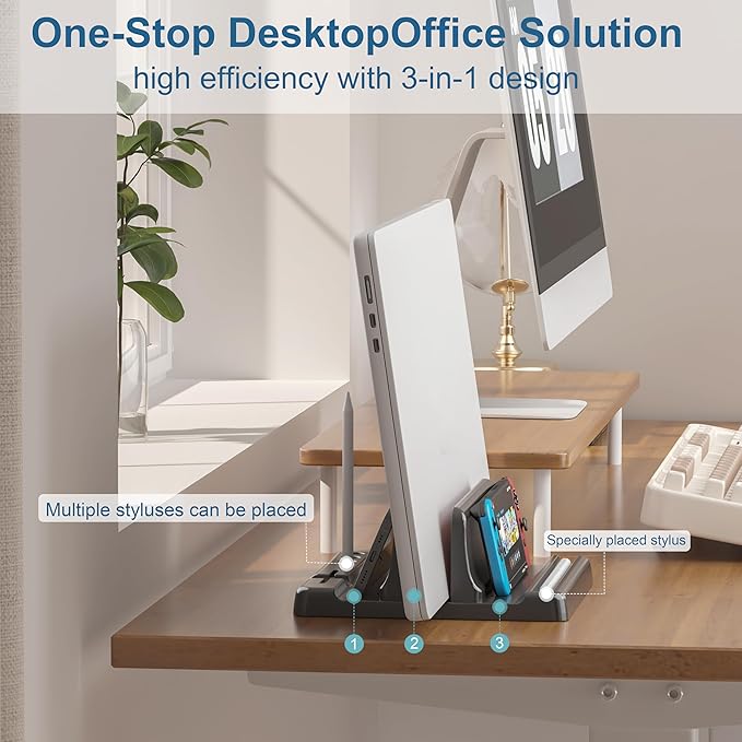 Vertical Laptop Stand Holder - Adjustable ABS Plastic Desktop Management Notebook Dock, Space-Saving 3 in 1 Compatible with All MacBook Pro Air, Mac, HP, Dell, Microsoft Surface (Black-1 Slot Version)
