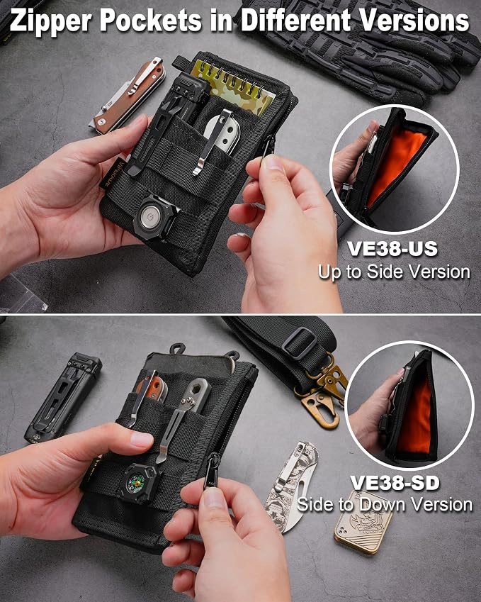 VIPERADE VE38 EDC Pocket Organizer, Slim EDC Wallet with 2 Zipper Pockets, EDC Pouch - 3 EDC Slots with 1 Larger Pocket for Flashlight, Multitool, Pen, Notebook