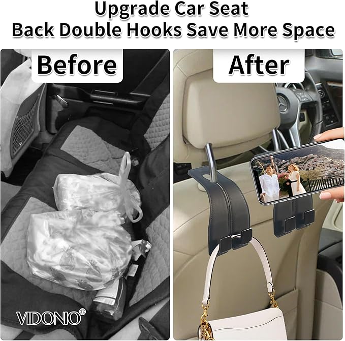 vidonio 2 PCS Car Seat Back Double Hooks - Leather Heavy Duty Hangers for Purse, Grocery Bags, Coats & More - 360° Rotatable, Easy Installation, Space-Saving Car Accessories for Rear Seat Storage