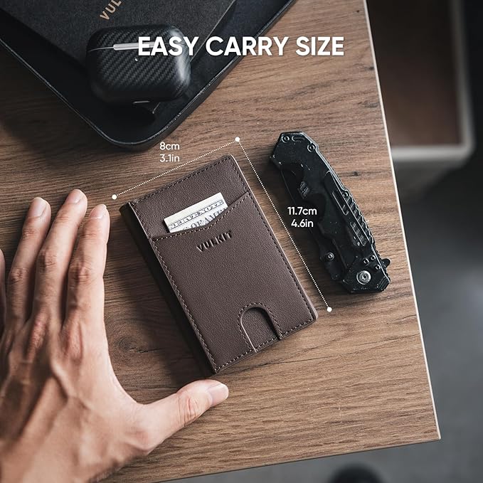 VULKIT Bifold Front Pocket Slim Wallet RFID Blocking Minimalist Thin Genuine Leather Credit Card Holder Wallet for Men and Women Nappa Espresso