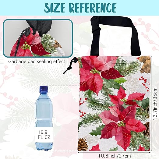 Car Garbage Bag Red Poinsettia Xmas Green Leaves Drawstring Car Trash Bag Hanging for Back Seat with Adjustable Buckle Canvas Vehicle Trash Can Easy-to-Install