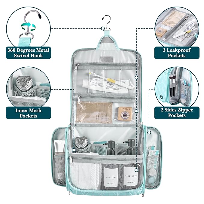 PAVILIA Large Hanging Makeup Bag and Toiletry Organizer for Women, Travel Cosmetic Case with 10 Compartments, Swivel Hook and 3 Leakproof Pockets, Packs Flat, Teal Chevron