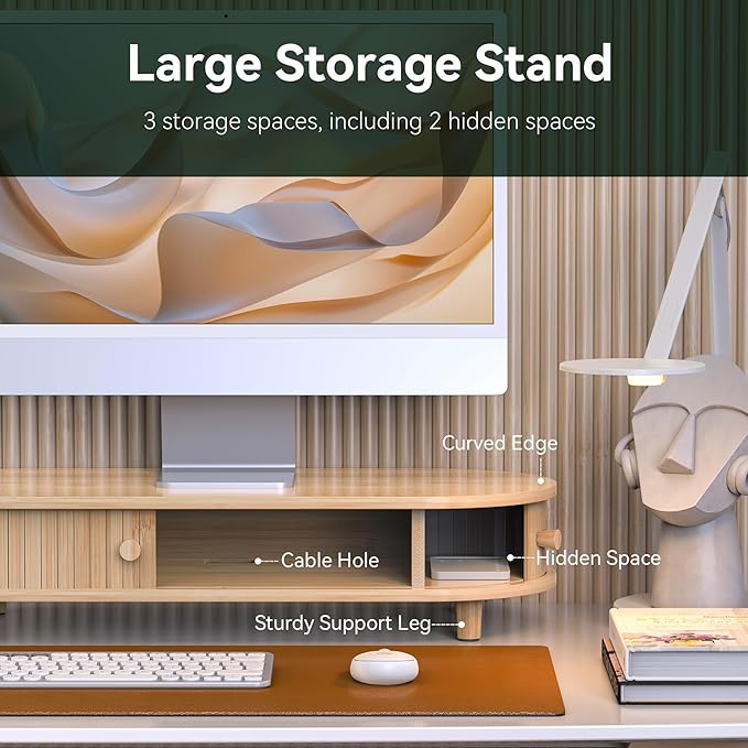 Bamboo Monitor Stand with Storage, Curved Computer Laptop Stand Desk Shelf Organizer with Sliding Doors (25 inch)