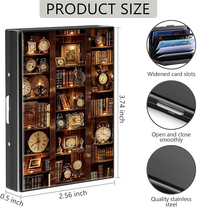 Credit Card Holder, Bookshelf with Clocks Design Mini RFID Blocking Aluminum Wallet Slim Metal Hard Case Shell Travel Wallet ID Case Small Credit Cards Case Business Cards for Women Men Girls