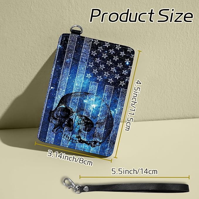Small Travel Wallets, Blue Skull Flag Slim Minimalist Front Pocket Wallet with Wristlet, RFID Blocking PU Leather Credit Card Holder with ID Window Change Purse for Men Women