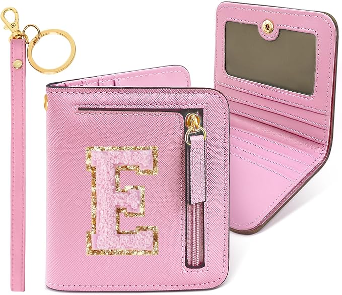 COSHAYSOO Teen Girl Gifts Trendy Stuff Initial Wallet RFID Bifold Tween Girls Christmas Stocking Stuffer Presents for Her Personalized Preppy Things Chenille Letter E Pink