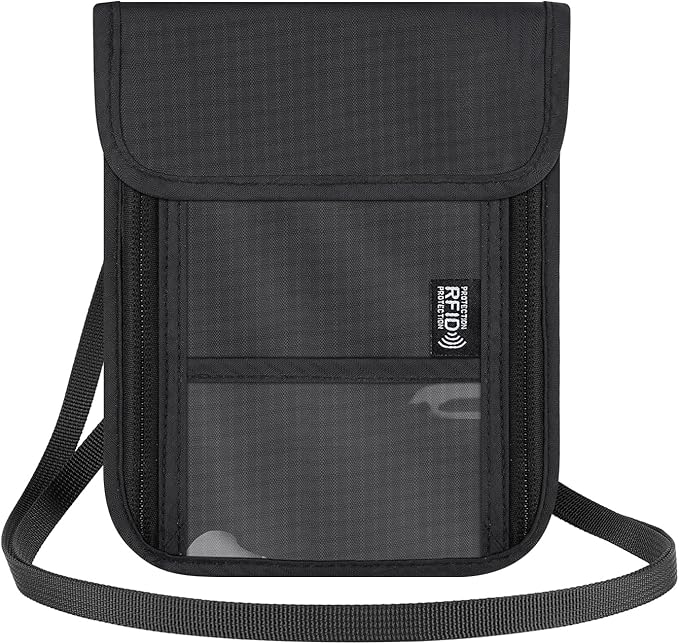 Likesing 5.5" L x 7.7" W Travel Neck Wallet, RFID Blocking Passport Holder for Travel Women Men, Security Passport Travel Wallet with 10 Card Slot, Neck Pouch Gifts for Traveling Family (Black)