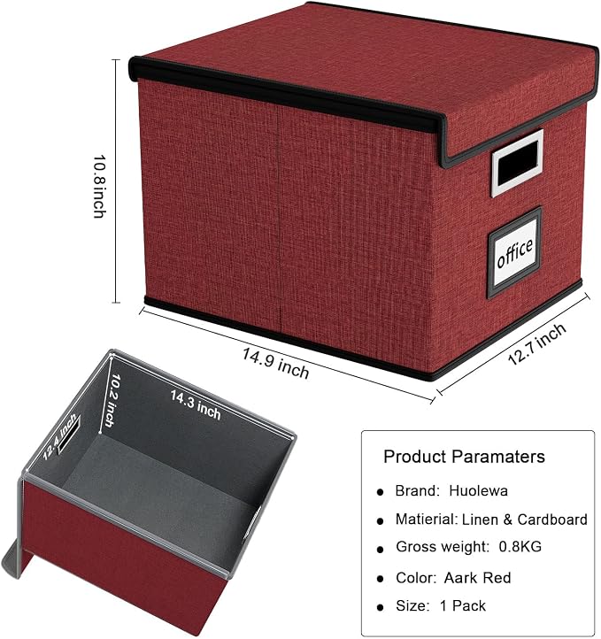 File Organizer Box with Lid, Collapsible File Folder Organizer for Office Document Storage, Filing Box with Plastic Slide for Letter Size Hanging File Folders(1 Pack, Dark Red)