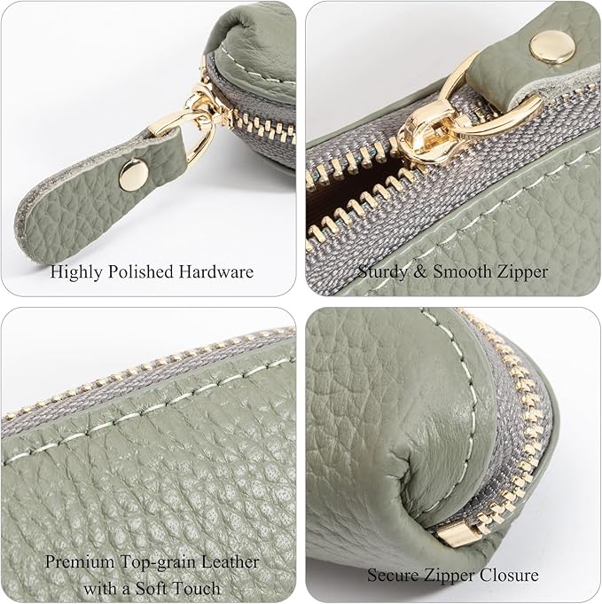 Full Grain Leather Coin Pouch - Travel Small Coin Purse with Zipper - Mini Key Pouch Change Purse for Women and Men (Sage Green)