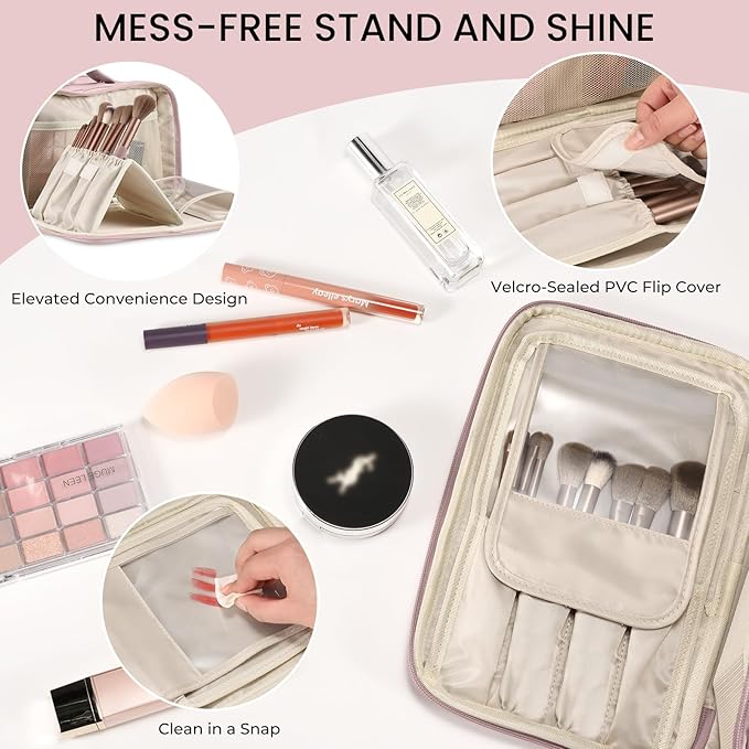 Travel Makeup Bag Women's Large Capacity Cosmetic Portable Organizer Large Opening Waterproof Storage Toiletry Bags Vertical Free-Standing Brush Holder for Easy Access Pink