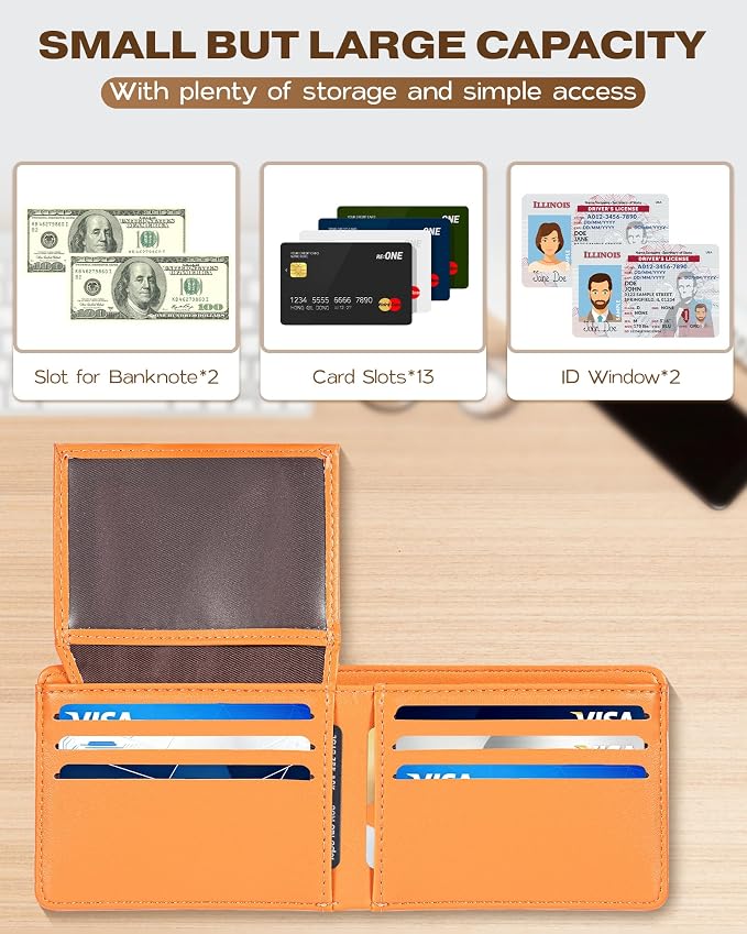 GNDR Wallet For Men Bifold Orange RFID Blocking Slim Faux Leather Wallets Card Holder Front Pocket Minimalist Men Accessories With Gift Box