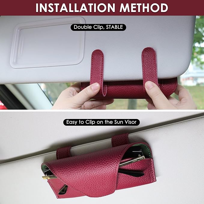 Magnetic Sunglass Holder for Car Visor Clip, Leather Car Glasses Holder, Visor Accessories Eyeglasses Holder Glasses Storage Case (02-Red)
