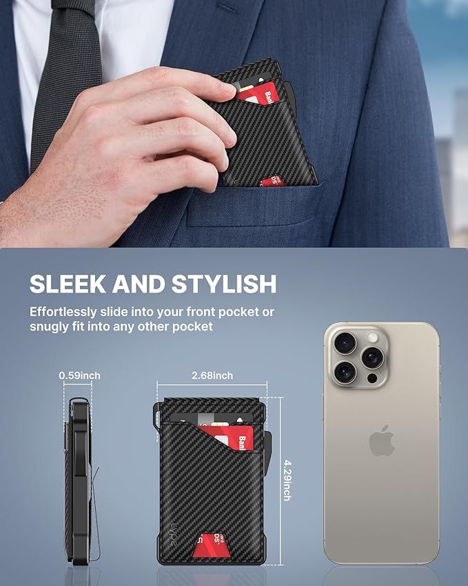 typecase Tactical Wallet for Men Card Holder: Pop Up Card Case, Genuine Leather, Smart, RFID Blocking, Slim, Minimalist, Thin, Front Pocket - 9-13 Card Capacitiy, ID Window, Money Clip (Carbon Fiber)
