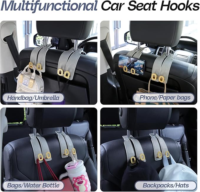 Car Headrest Hooks Universal Car Purse Hook Premium Leather and Alloy Twin Hook Car Seat Back Storage Hanger Hook for Purse Bags Cloth Drink Durable Holder Car Accessories (BH09-Grey-Gold)