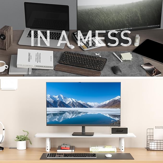 AFOOYO Dual Monitor Stand for Desk, Adjustable Height Wood Computer Riser, Ergonomic Monitor Shelf for Laptop, Printer, TV, Black - Large Storage Space, Sturdy Desk Organizer for Home & Office,White