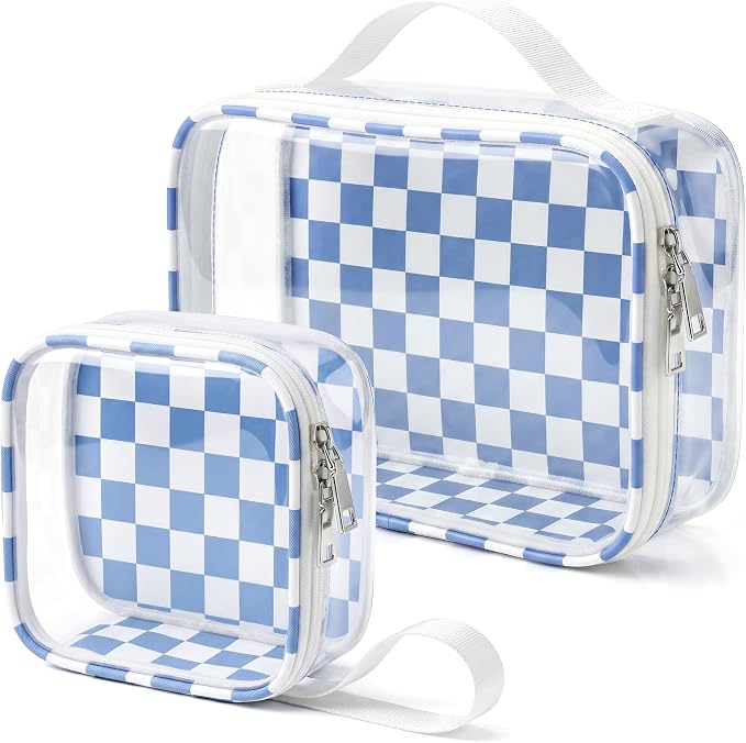 LETGO Blue Checkered Diaper Bag Organizer Pouch Set,TSA Approved Toiletry Bag,Clear Waterproof TPU Makeup Bag Set Travel Organizer Bags for Women and Kids Toiletry Bag Set for Baby and Mom Essentials