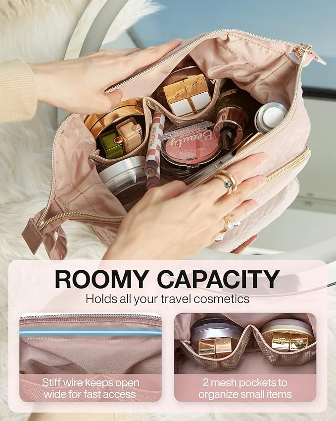 BAGSMART Travel Makeup Bag, Cosmetic Bag Make Up Organizer Case, Dorm Room Essentials Large Wide-open Pouch Women Travel Essentials Double Layers Purse for Toiletries Accessories Brushes Pink