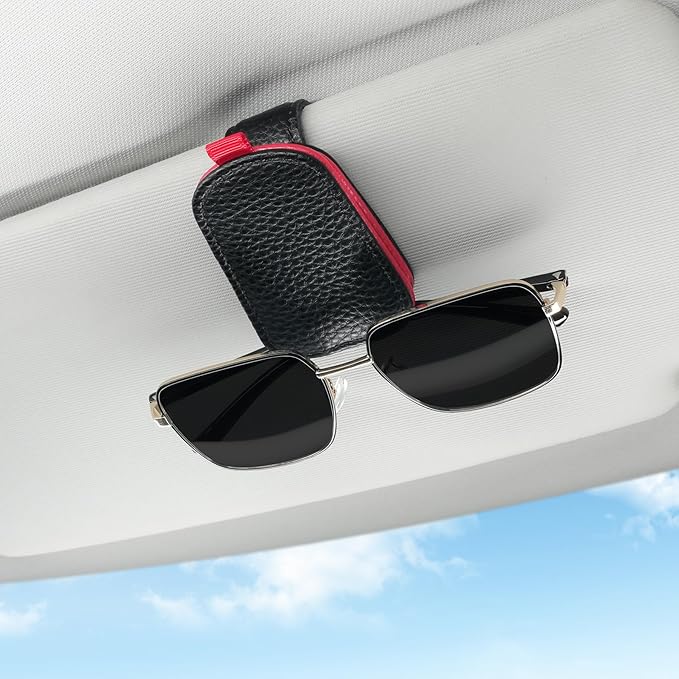 SINGARO Sunglasses Holder for Car, Leather Magnetic Buckle Sun Visor Sunglass Clip, Ticket Card Storage Glasses Clip, Car Interior Accessories for Men and Women（Black-red）
