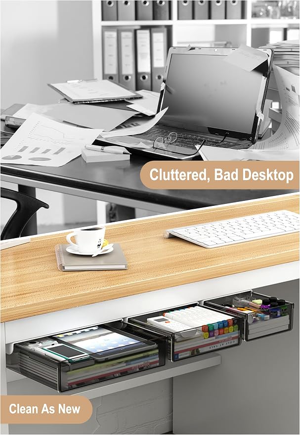 Under Desk Drawer Set of 3, Slide-Out Under Desk Storage Drawers (Large/Medium/Small), Thick Rigid PET Material, Suitable for Home Office, Desk, or Coffee Table