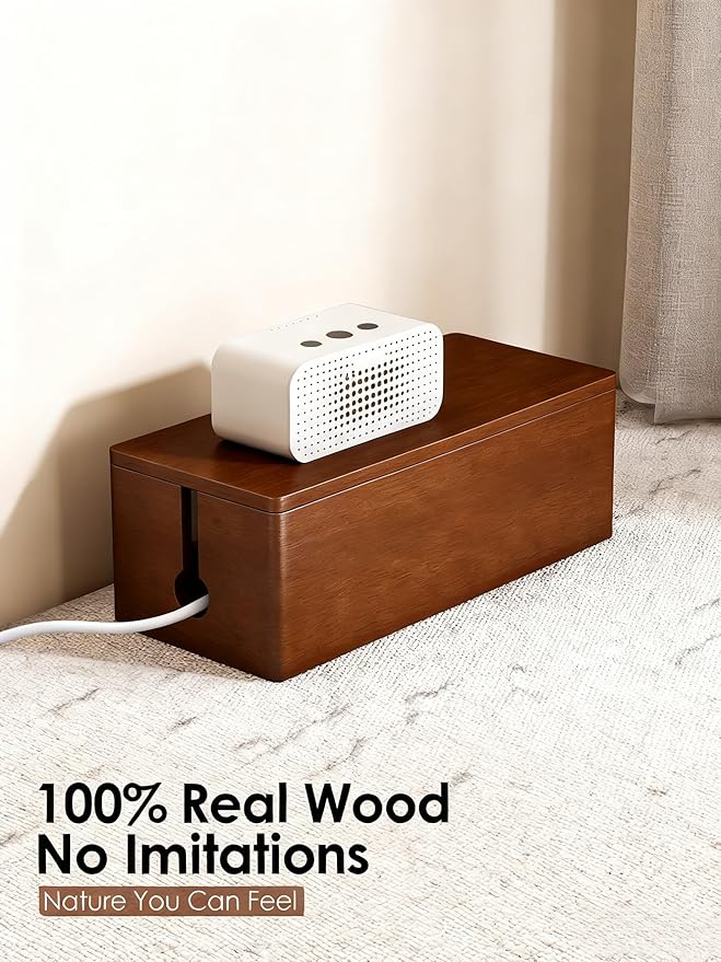 [Tikora] Spring Cleaning Essential: Real Walnut Solid Wood Cable Management Box, Magnetic Lid Cord Organizer for Desk & Home Office - 14.17" x 6.1" x 4.78"