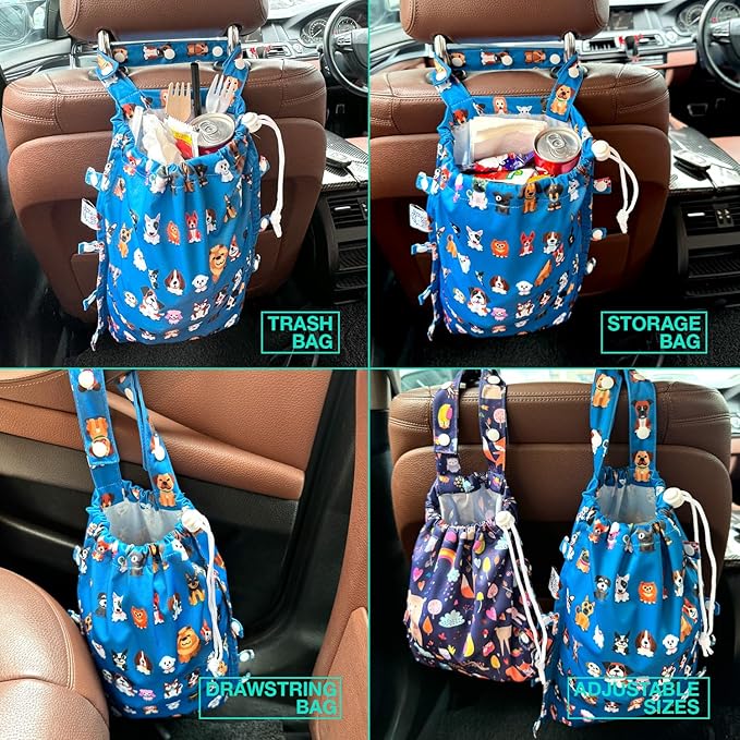 FLOCK THREE Leak-Proof Waterproof Car Trash Bag Foldable Multipurpose Trash bin Container Storage Cute Grocery Organizer Bag for Automotive Front or Back Seat in Cars SUVs and Trucks (Dog Family)
