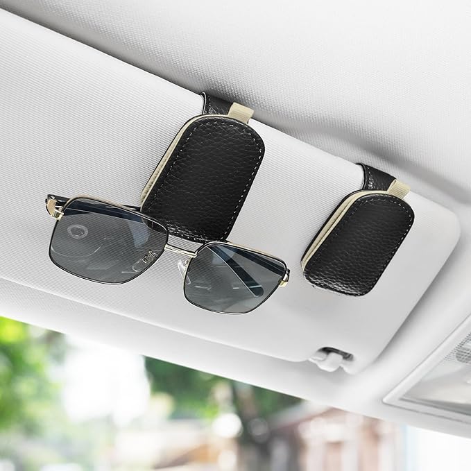 SINGARO Sunglasses Holder for Car, Leather Magnetic Buckle Sun Visor Sunglass Clip, Ticket Card Storage Glasses Clip, Car Interior Accessories for Men and Women（2PCS Black-Beige）