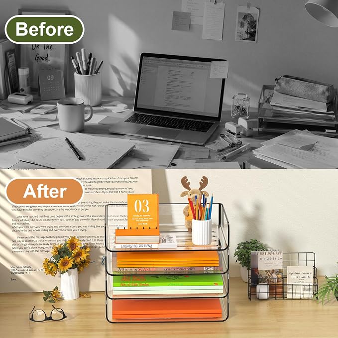 FANXIYQ 4-Tier Acrylic Paper Tray Organizer - Low-Profile Desk File Sorter for Office/Home, Clear Stackable Letter Tray for Bills, Crafts, Notebooks