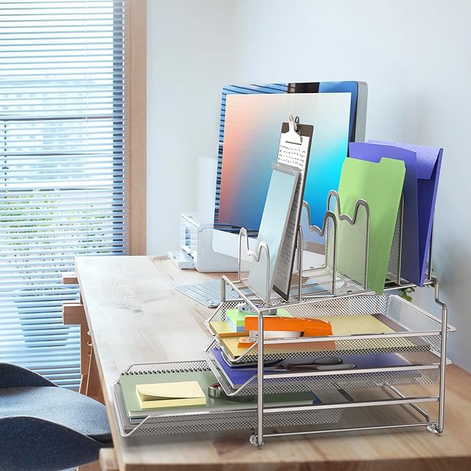 Simple Houseware Desk Organizer with 3 Sliding Tray and 5 Stacking Sections, Silver