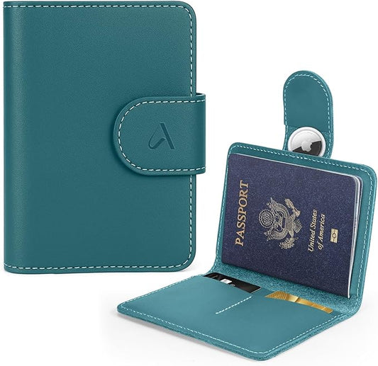 ALLIVE Rfid Passport Holder for Travel Women & Men, Passport Cover Wallet with AirTag Hidden, Genuine Leather Passport Holder Essential for Business Travel, Airport Security (Lake Blue)