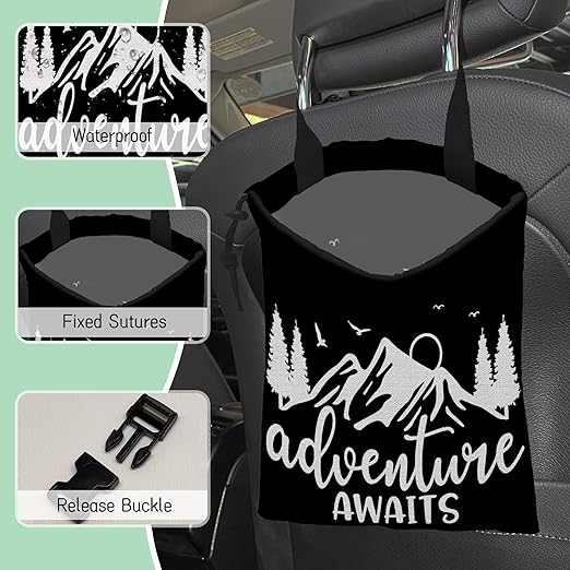Adventure Awaits Car Garbage Bag,Nature Mountain Waterproof Small Car Trash Bag Hanging Back of Seat,Drawstring Hanging Car Trash Bag with Adjustable Buckle for Car Accessories