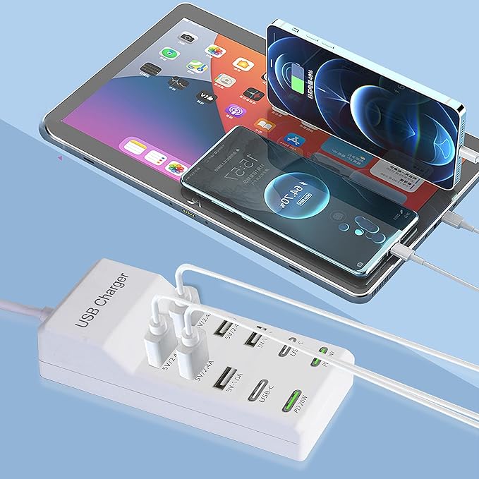 USB Charger,100W USB Charging Station with 10-Port(6 USB-A Port&2 USB-C Port&2 PD20W) Compatible with iPhone 15/14/13/13pro Max 12/12 Mini/12Pro/12 Pro Max/11,Tablets, Smartphones White