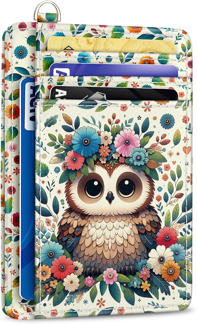 Yonlevres Credit Card Holder Slim Wallet, Floral Owl RFID Wallet Women Front Pocket Small Card Holder, Funny Cute Travel Thin Card Case ID Window PU Leather RFID Blocking Card Organizer Gift Girls