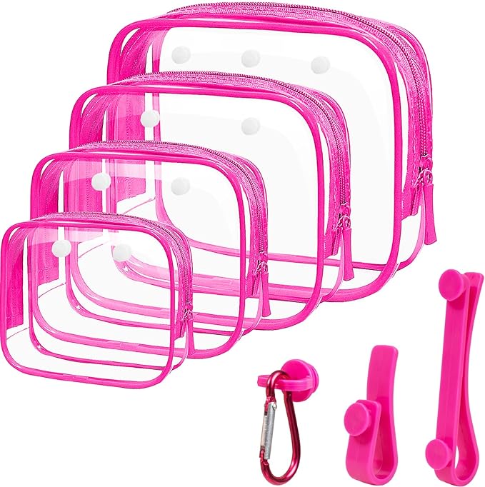 4 Pack Clear Toiletry Bags, Portable Travel Makeup Pouch with Zipper, TSA Approved Organizer, Clear Pouch Bags Compatible With Bogg Bag Divider Accessories (Clear Pink)